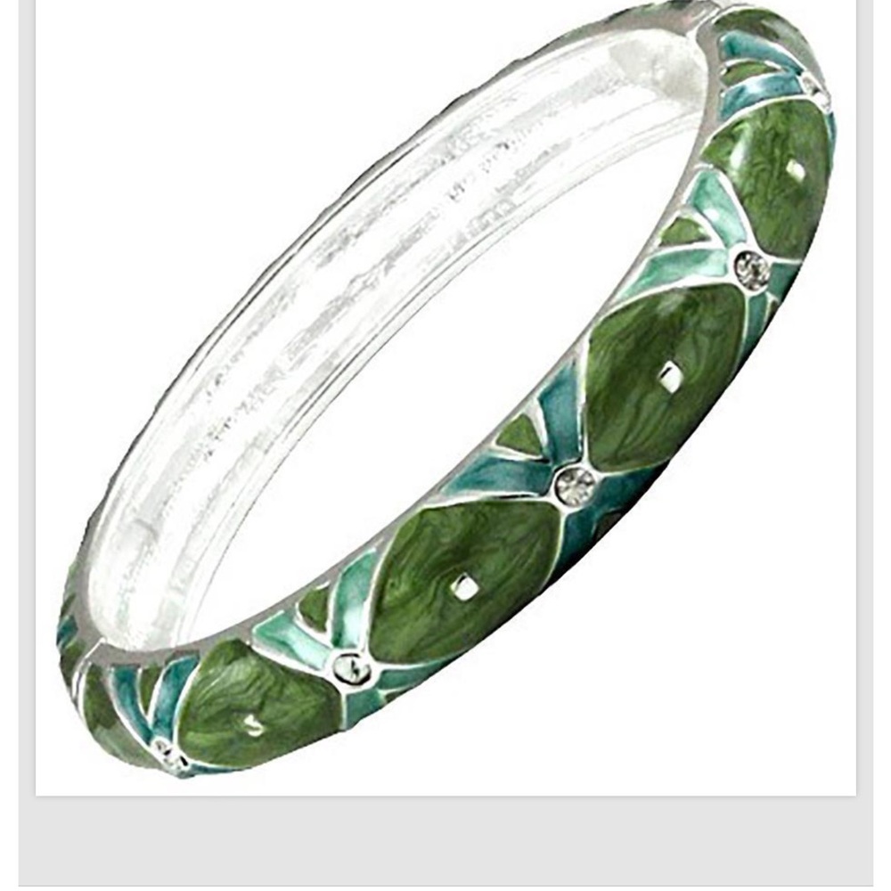 Green Silver Crystal Bangle Bracelet Enamel Hinged Alloy Women Fashion Jewelry